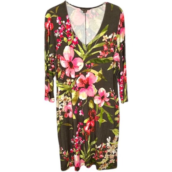 Tommy Bahama Soft V-Neck Floral A-Line Dress 3/4 sleeves - Brown/Pink/Green - L - Picture 1 of 8